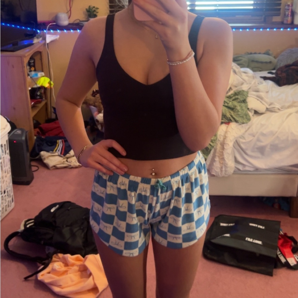 Blue checkered bow sleep shorts